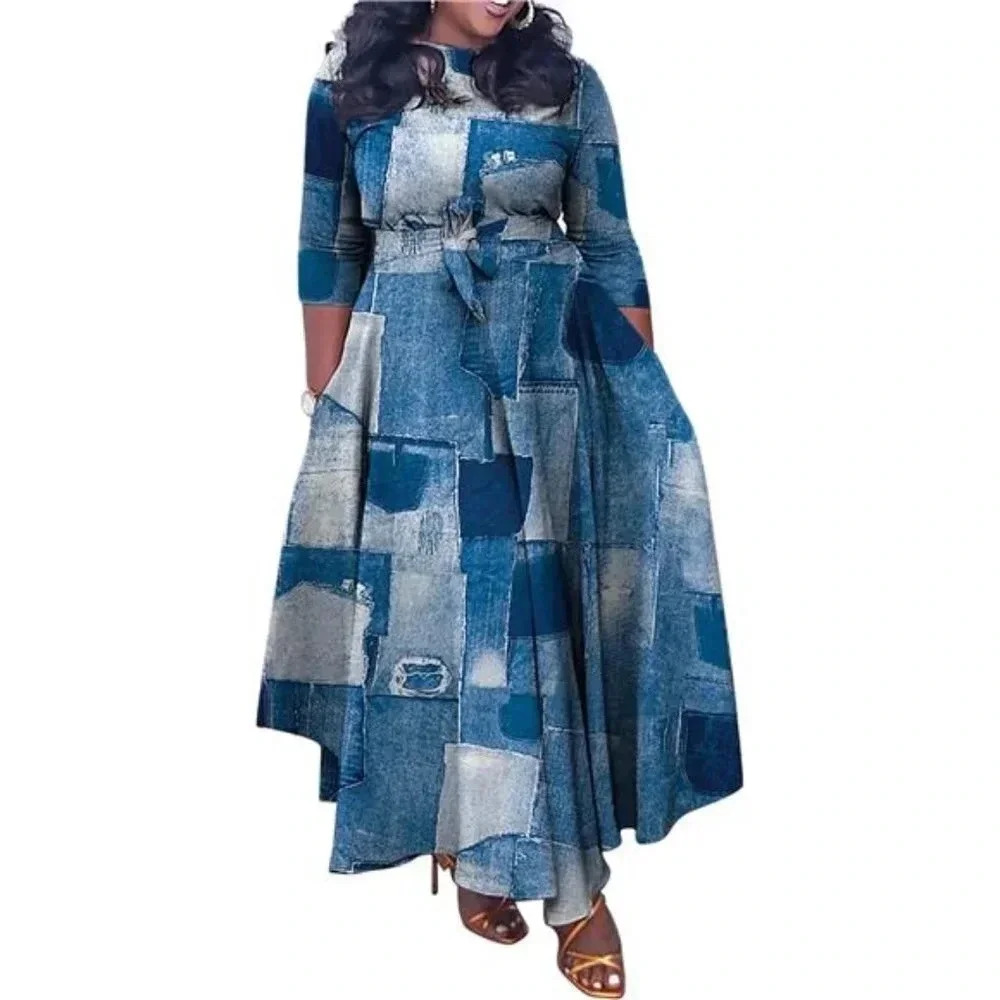 Maxi Dress 3/4 Sleeve High Waist Flowy Ruffle Fall Dresses with Belt